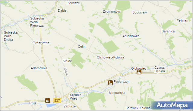 mapa Olchowiec-Kolonia gmina Żółkiewka, Olchowiec-Kolonia gmina Żółkiewka na mapie Targeo