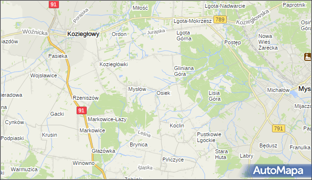 mapa Osiek gmina Koziegłowy, Osiek gmina Koziegłowy na mapie Targeo