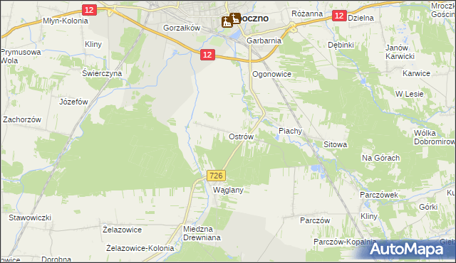 mapa Ostrów gmina Opoczno, Ostrów gmina Opoczno na mapie Targeo