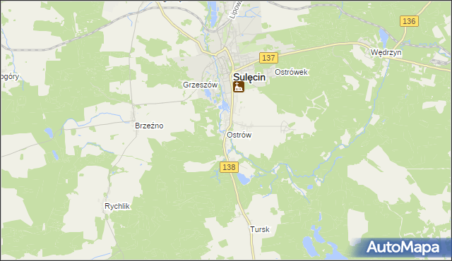 mapa Ostrów gmina Sulęcin, Ostrów gmina Sulęcin na mapie Targeo