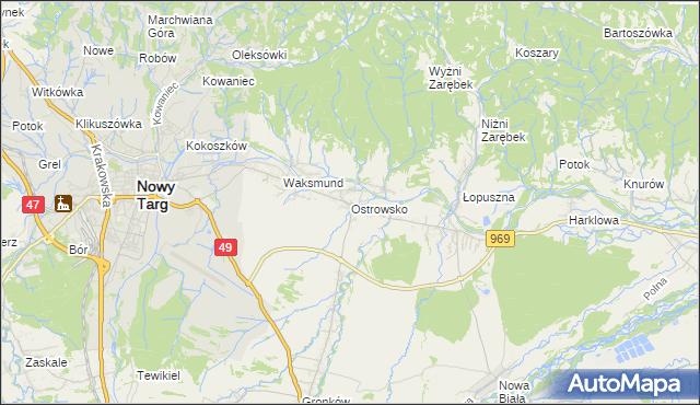 mapa Ostrowsko gmina Nowy Targ, Ostrowsko gmina Nowy Targ na mapie Targeo