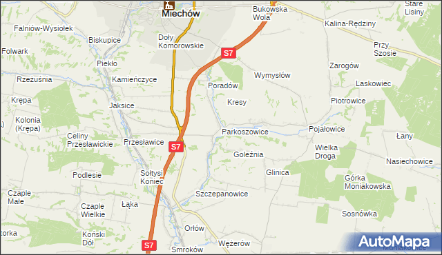 mapa Parkoszowice gmina Miechów, Parkoszowice gmina Miechów na mapie Targeo