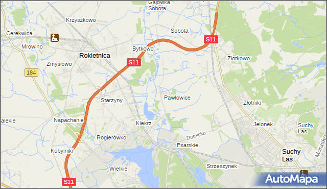 mapa Pawłowice gmina Rokietnica, Pawłowice gmina Rokietnica na mapie Targeo