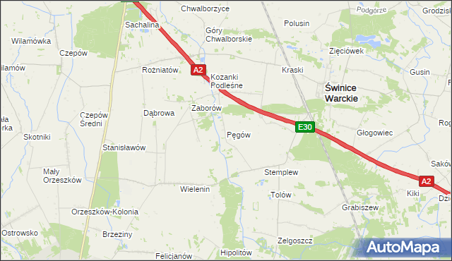 mapa Pęgów gmina Uniejów, Pęgów gmina Uniejów na mapie Targeo