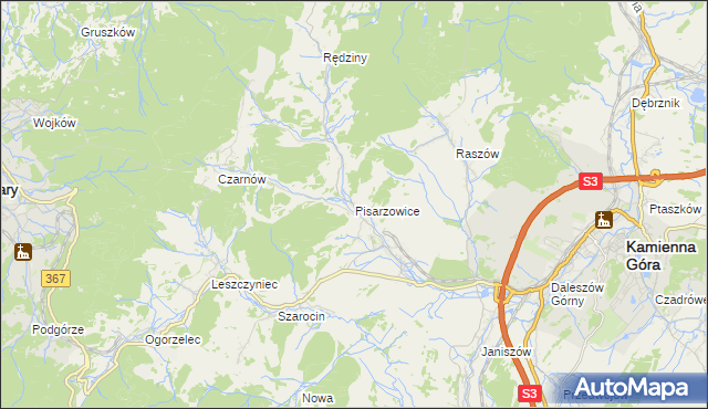 mapa Pisarzowice gmina Kamienna Góra, Pisarzowice gmina Kamienna Góra na mapie Targeo