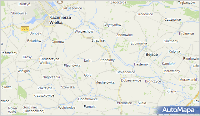 mapa Podolany gmina Kazimierza Wielka, Podolany gmina Kazimierza Wielka na mapie Targeo
