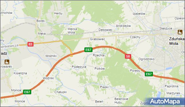 mapa Rzechta gmina Sieradz, Rzechta gmina Sieradz na mapie Targeo