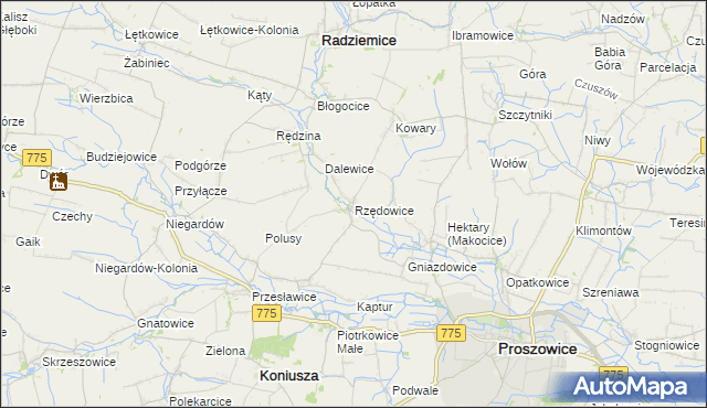 mapa Rzędowice gmina Koniusza, Rzędowice gmina Koniusza na mapie Targeo