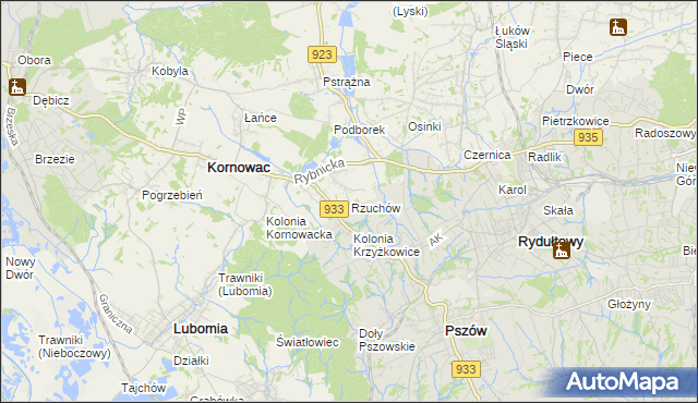 mapa Rzuchów gmina Kornowac, Rzuchów gmina Kornowac na mapie Targeo