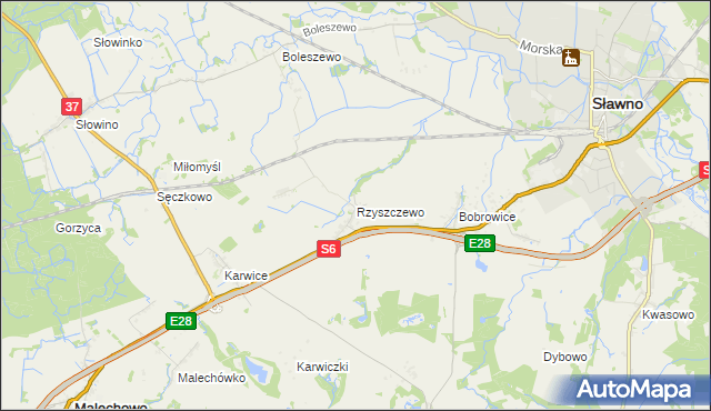 mapa Rzyszczewo gmina Sławno, Rzyszczewo gmina Sławno na mapie Targeo