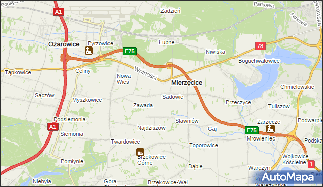 mapa Sadowie gmina Mierzęcice, Sadowie gmina Mierzęcice na mapie Targeo