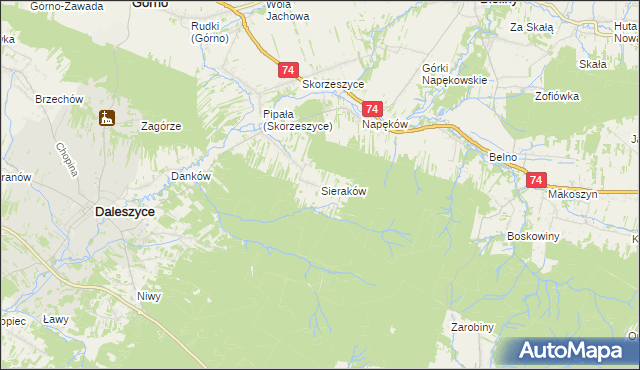 mapa Sieraków gmina Daleszyce, Sieraków gmina Daleszyce na mapie Targeo