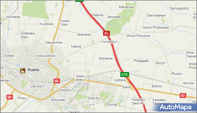 mapa Sieraków gmina Kutno, Sieraków gmina Kutno na mapie Targeo