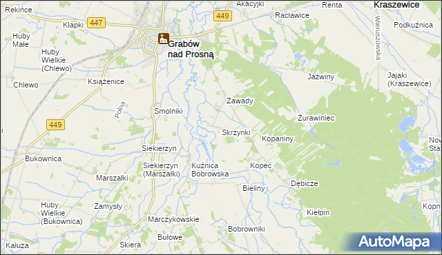 mapa Skrzynki gmina Grabów nad Prosną, Skrzynki gmina Grabów nad Prosną na mapie Targeo