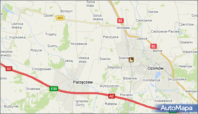 mapa Śliwniki gmina Parzęczew, Śliwniki gmina Parzęczew na mapie Targeo