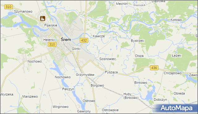 mapa Sosnowiec gmina Śrem, Sosnowiec gmina Śrem na mapie Targeo