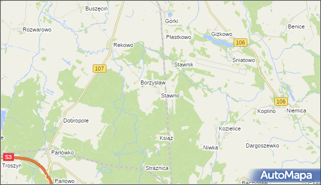mapa Stawno gmina Kamień Pomorski, Stawno gmina Kamień Pomorski na mapie Targeo
