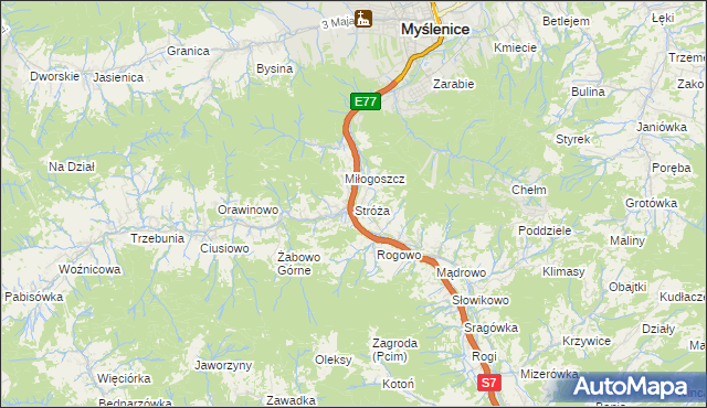 mapa Stróża gmina Pcim, Stróża gmina Pcim na mapie Targeo