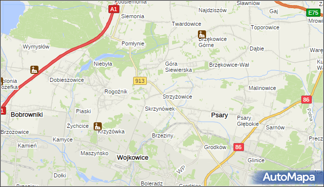 mapa Strzyżowice gmina Psary, Strzyżowice gmina Psary na mapie Targeo