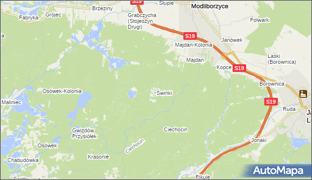 mapa Świnki gmina Modliborzyce, Świnki gmina Modliborzyce na mapie Targeo