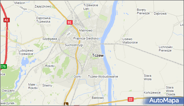 mapa Tczew, Tczew na mapie Targeo