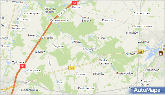 mapa Teodozjów gmina Biała Rawska, Teodozjów gmina Biała Rawska na mapie Targeo