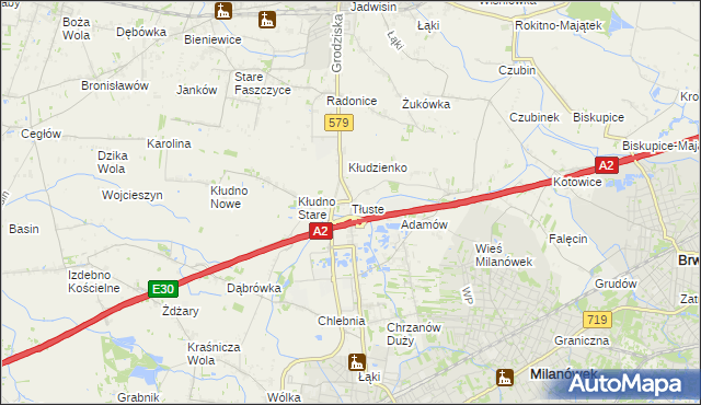 mapa Tłuste gmina Grodzisk Mazowiecki, Tłuste gmina Grodzisk Mazowiecki na mapie Targeo