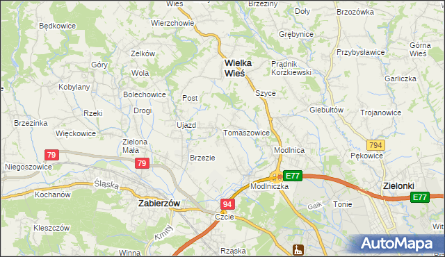 mapa Tomaszowice gmina Wielka Wieś, Tomaszowice gmina Wielka Wieś na mapie Targeo