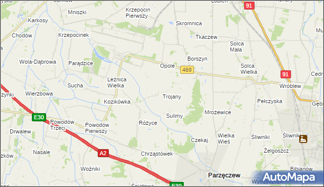 mapa Trojany gmina Parzęczew, Trojany gmina Parzęczew na mapie Targeo