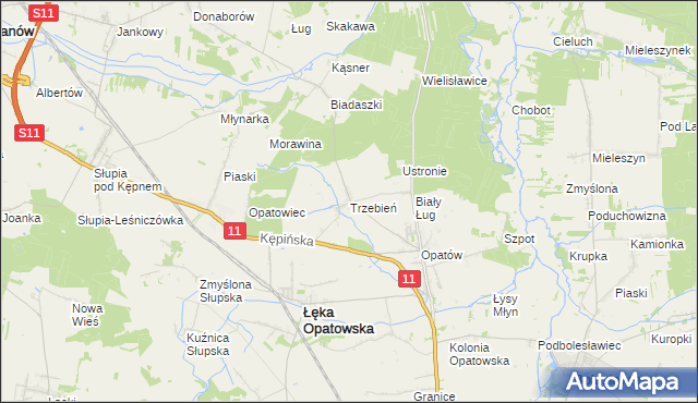 mapa Trzebień gmina Łęka Opatowska, Trzebień gmina Łęka Opatowska na mapie Targeo