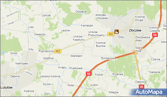 mapa Uników gmina Złoczew, Uników gmina Złoczew na mapie Targeo