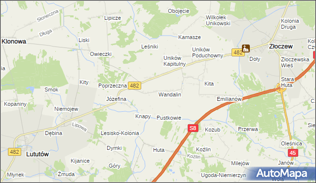 mapa Wandalin gmina Złoczew, Wandalin gmina Złoczew na mapie Targeo