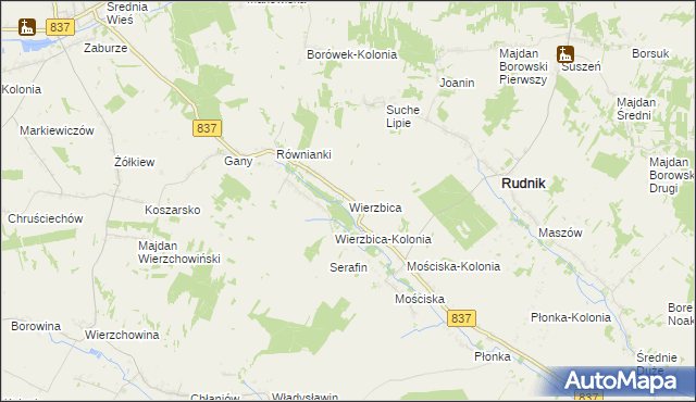 mapa Wierzbica gmina Rudnik, Wierzbica gmina Rudnik na mapie Targeo