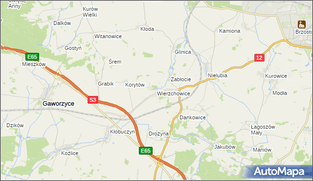 mapa Wierzchowice gmina Gaworzyce, Wierzchowice gmina Gaworzyce na mapie Targeo