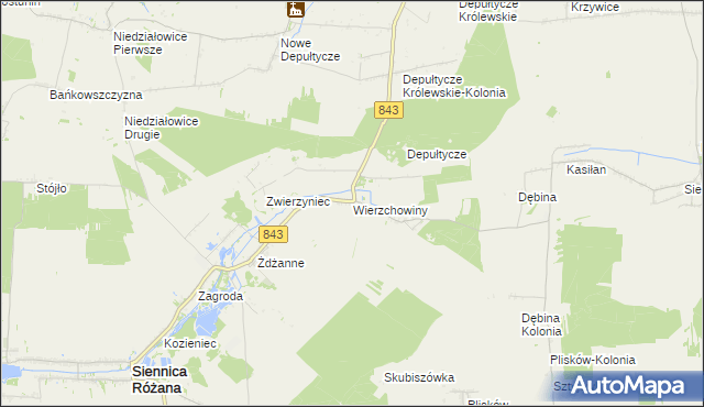 mapa Wierzchowiny gmina Siennica Różana, Wierzchowiny gmina Siennica Różana na mapie Targeo