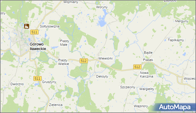 mapa Wiewiórki gmina Górowo Iławeckie, Wiewiórki gmina Górowo Iławeckie na mapie Targeo