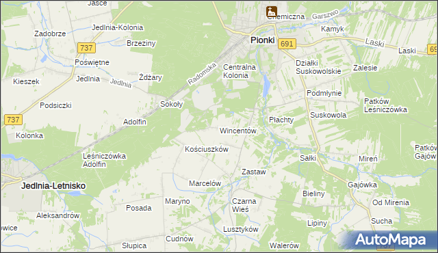 mapa Wincentów gmina Pionki, Wincentów gmina Pionki na mapie Targeo