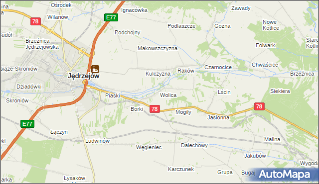 mapa Wolica gmina Jędrzejów, Wolica gmina Jędrzejów na mapie Targeo