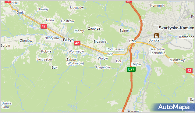 mapa Wołów gmina Bliżyn, Wołów gmina Bliżyn na mapie Targeo