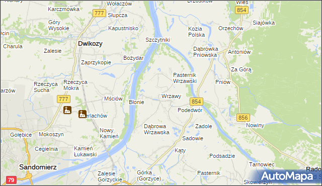 mapa Wrzawy gmina Gorzyce, Wrzawy gmina Gorzyce na mapie Targeo