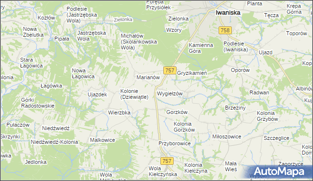 mapa Wygiełzów gmina Iwaniska, Wygiełzów gmina Iwaniska na mapie Targeo