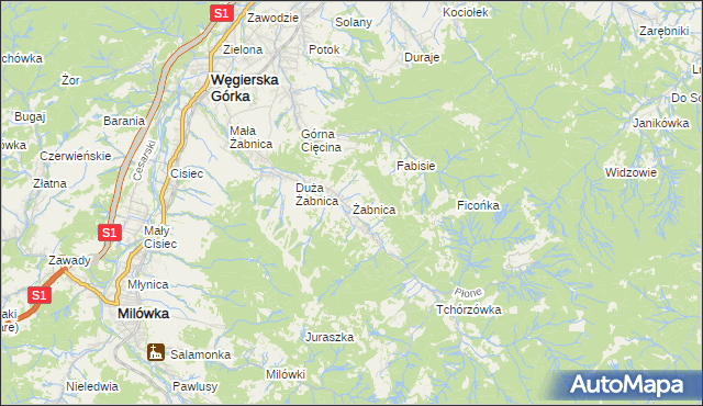 mapa Żabnica gmina Węgierska Górka, Żabnica gmina Węgierska Górka na mapie Targeo