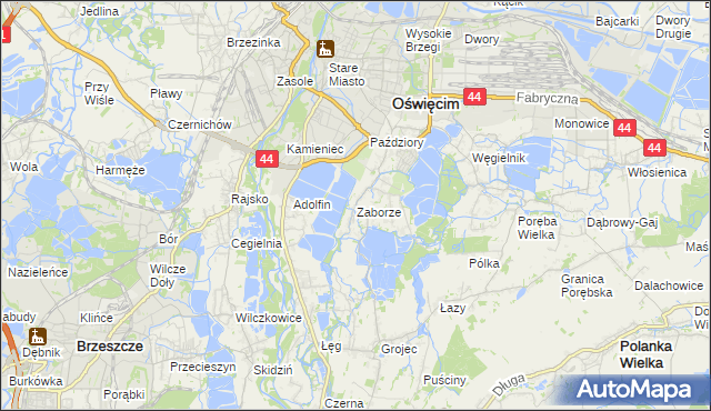 mapa Zaborze gmina Oświęcim, Zaborze gmina Oświęcim na mapie Targeo