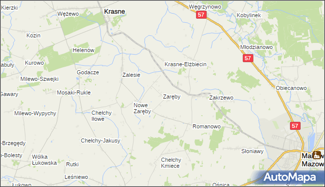 mapa Zaręby gmina Karniewo, Zaręby gmina Karniewo na mapie Targeo