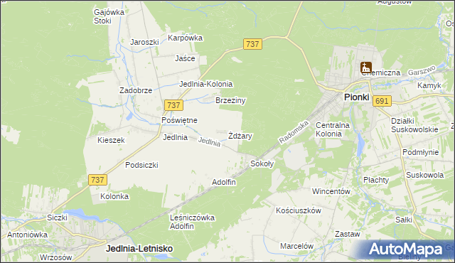 mapa Żdżary gmina Pionki, Żdżary gmina Pionki na mapie Targeo