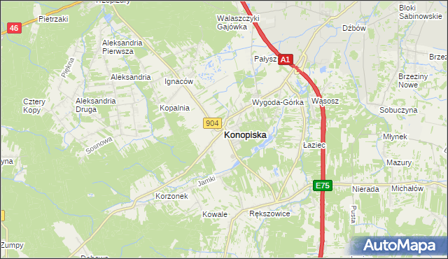 mapa Konopiska powiat częstochowski, Konopiska powiat częstochowski na mapie Targeo