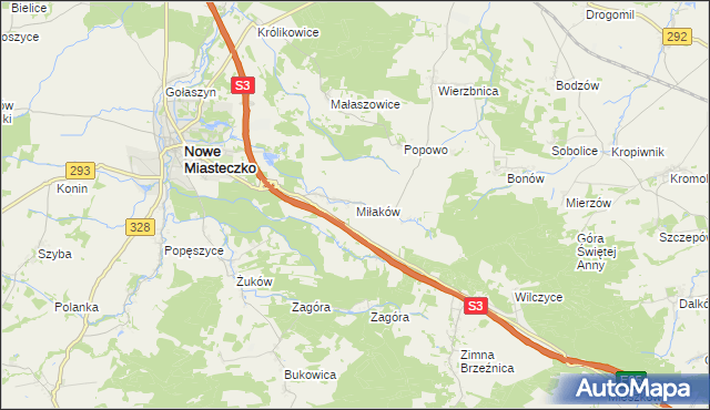 mapa Miłaków gmina Nowe Miasteczko, Miłaków gmina Nowe Miasteczko na mapie Targeo