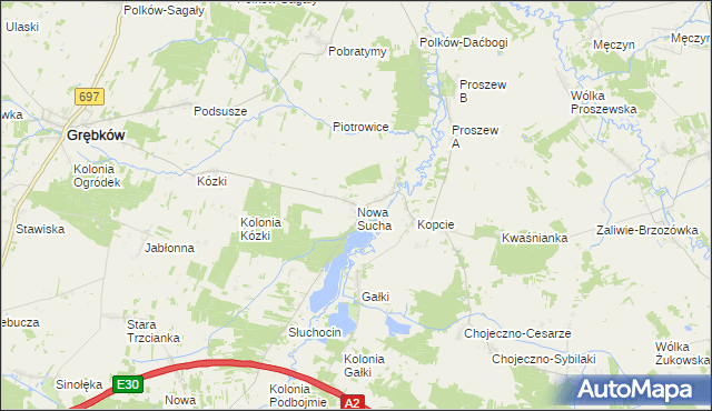 mapa Nowa Sucha gmina Grębków, Nowa Sucha gmina Grębków na mapie Targeo