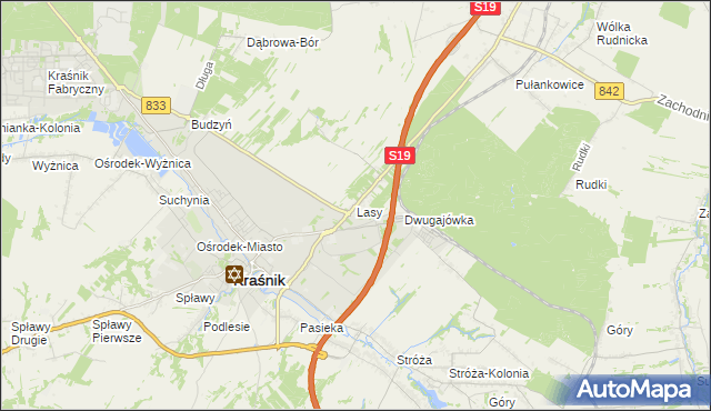 mapa Lasy gmina Kraśnik, Lasy gmina Kraśnik na mapie Targeo