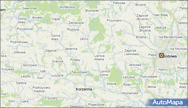 mapa Lipnica Wielka gmina Korzenna, Lipnica Wielka gmina Korzenna na mapie Targeo